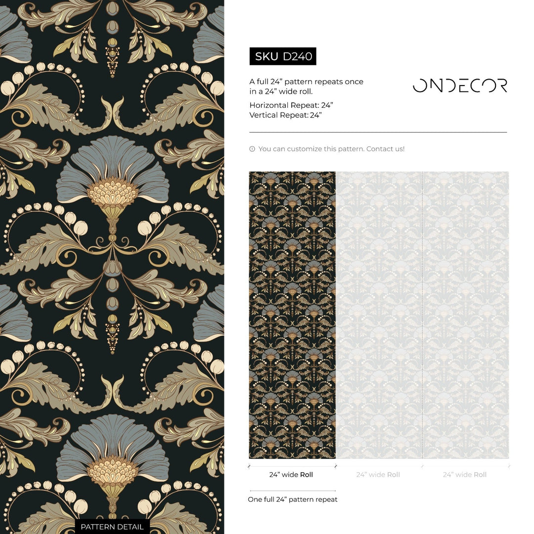 Vintage Wallpaper with a Floral Damask Motif in Black, Blue, and Gold - D240