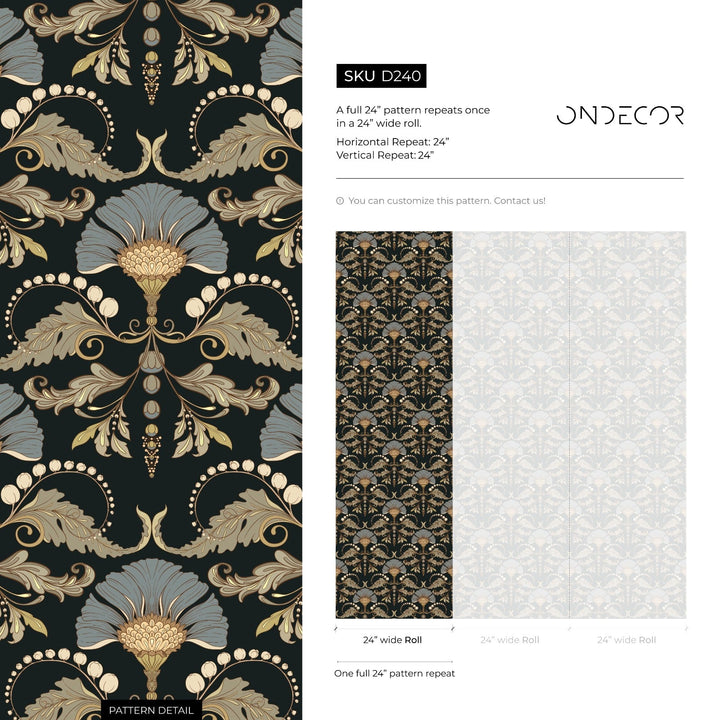 Vintage Wallpaper with a Floral Damask Motif in Black, Blue, and Gold - D240