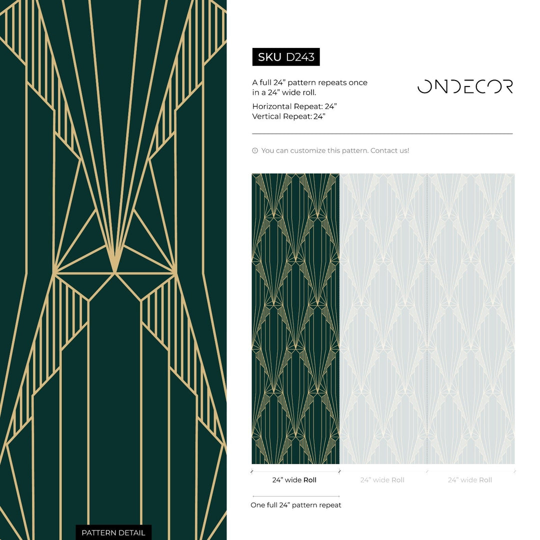 Art Deco Wallpaper with a Geometric Fan Motif in Green and Gold - D243
