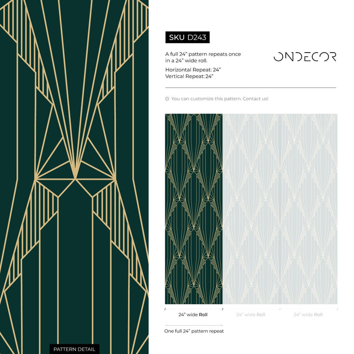 Art Deco Wallpaper with a Geometric Fan Motif in Green and Gold - D243