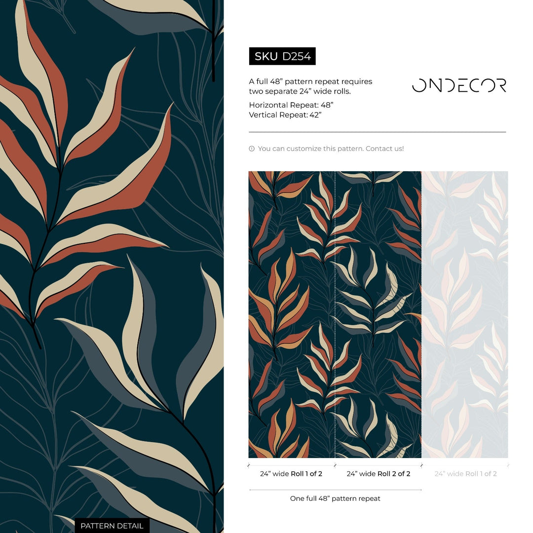 Botanical Wallpaper with Stylized Leaves in Blue, Rust, and Yellow - D254