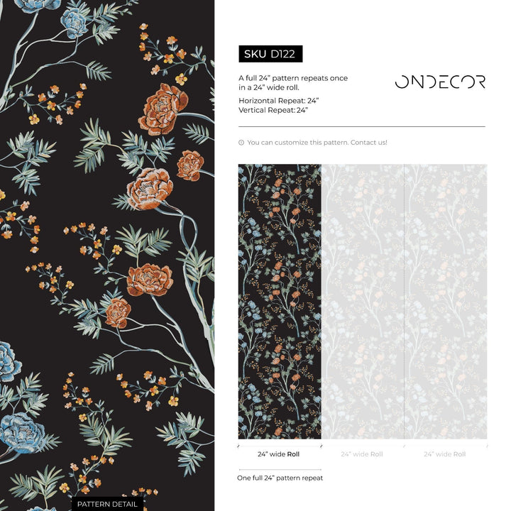 Floral Wallpaper Featuring Elegant Trees in Black, Blue, and Orange - D122