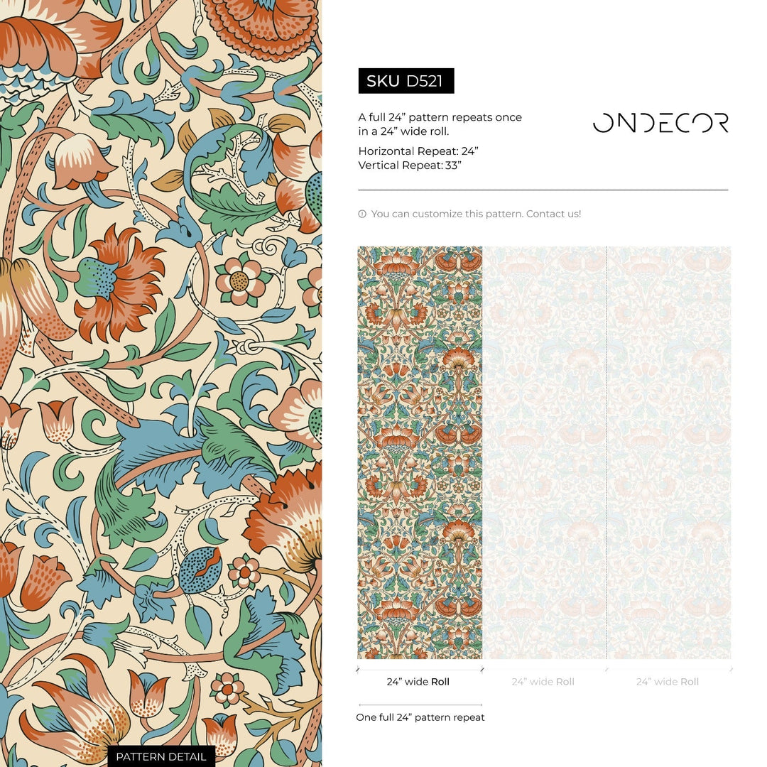 Arts and Crafts Wallpaper with Stylized Florals in Red, Green, and Blue - D521