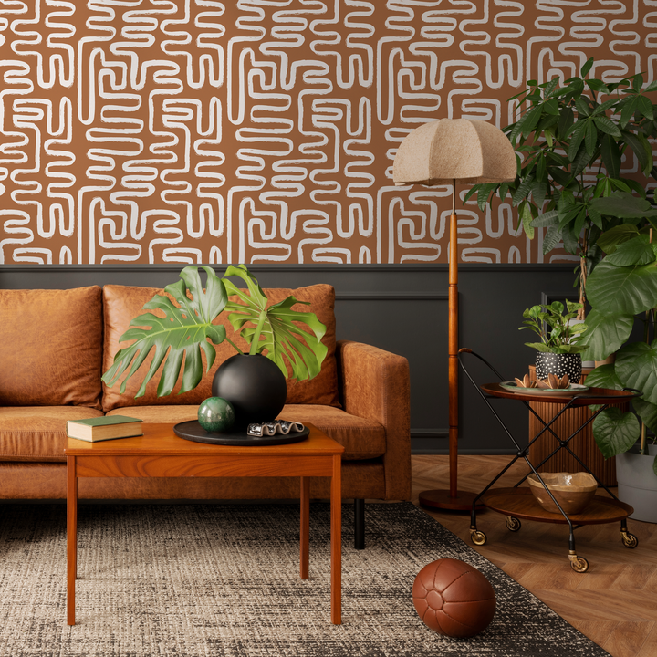 Abstract Wallpaper with a Bohemian Brush Stroke Motif in Brown and White - ZAAJ