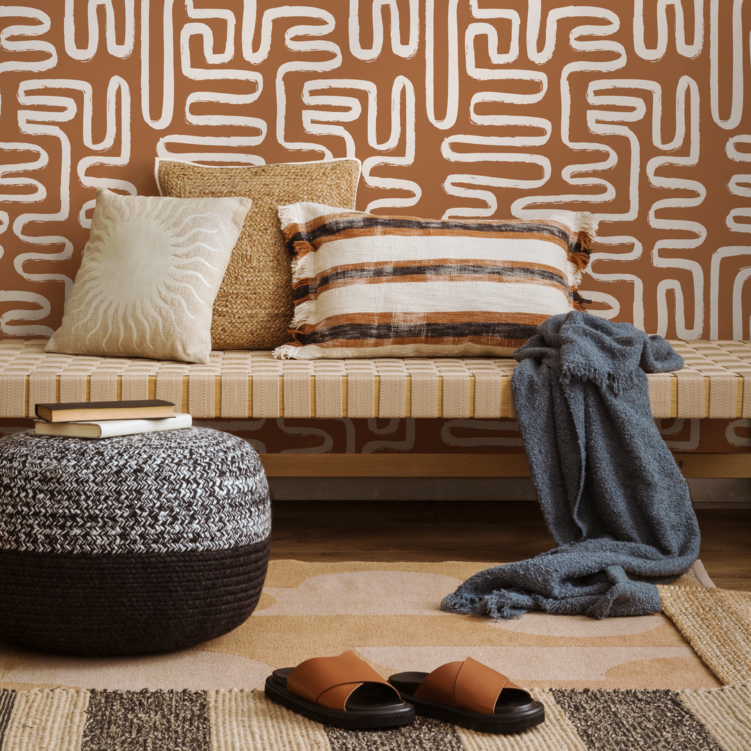 Abstract Wallpaper with a Bohemian Brush Stroke Motif in Brown and White - ZAAJ