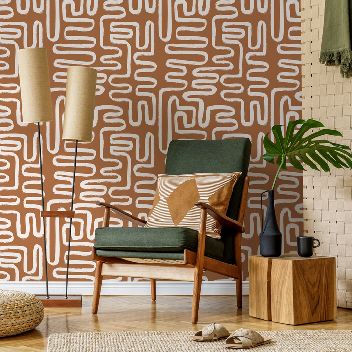 Abstract Wallpaper with a Bohemian Brush Stroke Motif in Brown and White - ZAAJ