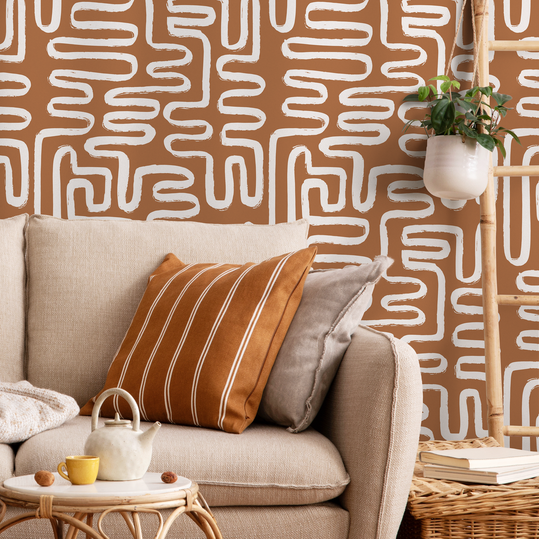 Abstract Wallpaper with a Bohemian Brush Stroke Motif in Brown and White - ZAAJ
