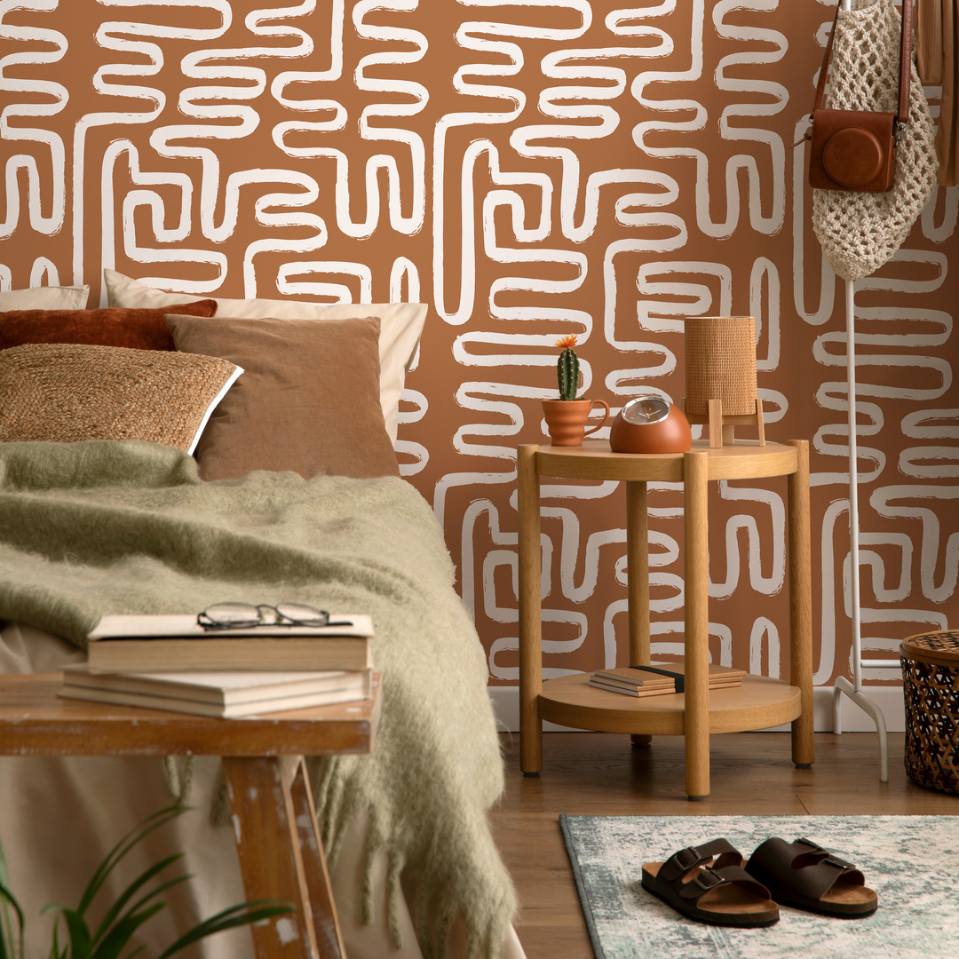 Abstract Wallpaper with a Bohemian Brush Stroke Motif in Brown and White - ZAAJ