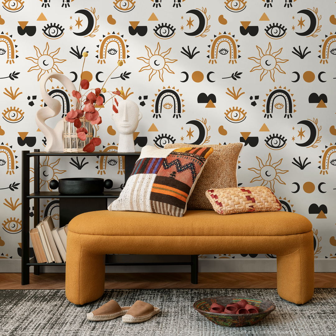 Celestial Wallpaper with Mystical Sun and Moon Motifs in Black and Gold - ZAAT