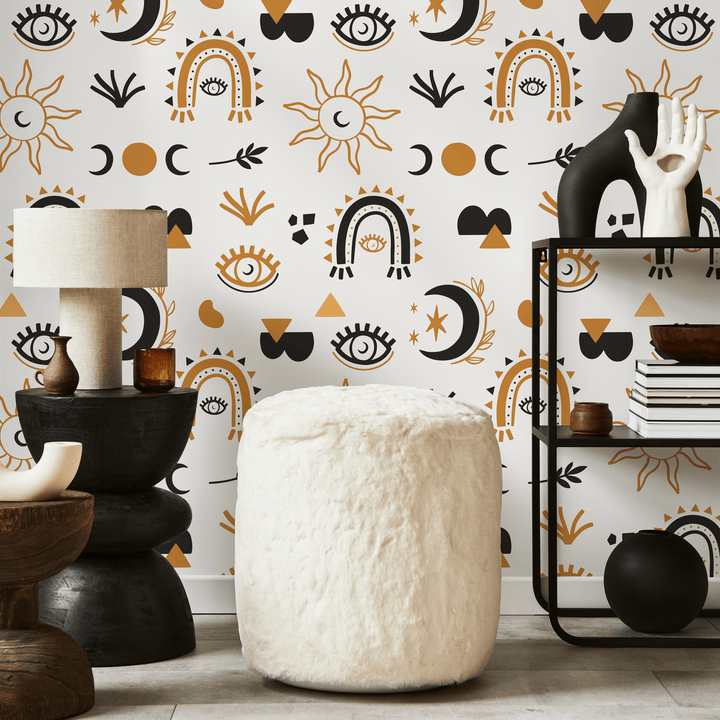 Celestial Wallpaper with Mystical Sun and Moon Motifs in Black and Gold - ZAAT