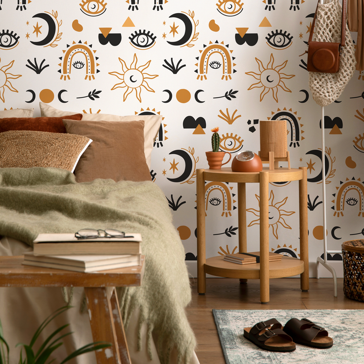 Celestial Wallpaper with Mystical Sun and Moon Motifs in Black and Gold - ZAAT