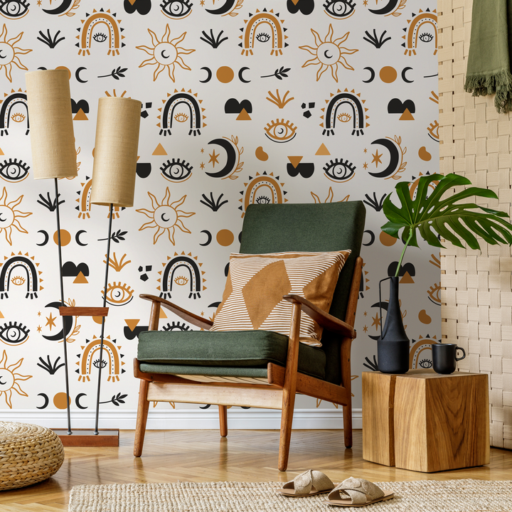 Celestial Wallpaper with Mystical Sun and Moon Motifs in Black and Gold - ZAAT