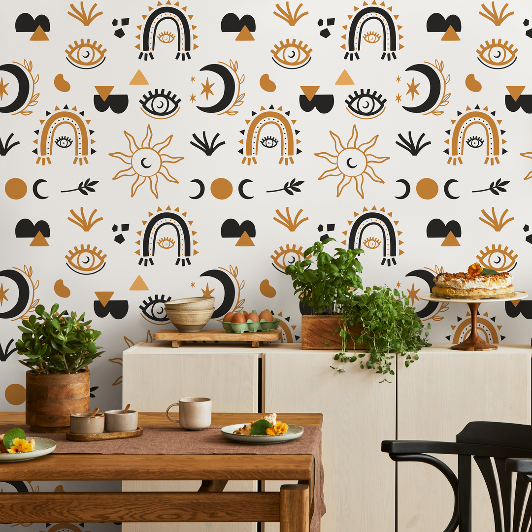 Celestial Wallpaper with Mystical Sun and Moon Motifs in Black and Gold - ZAAT