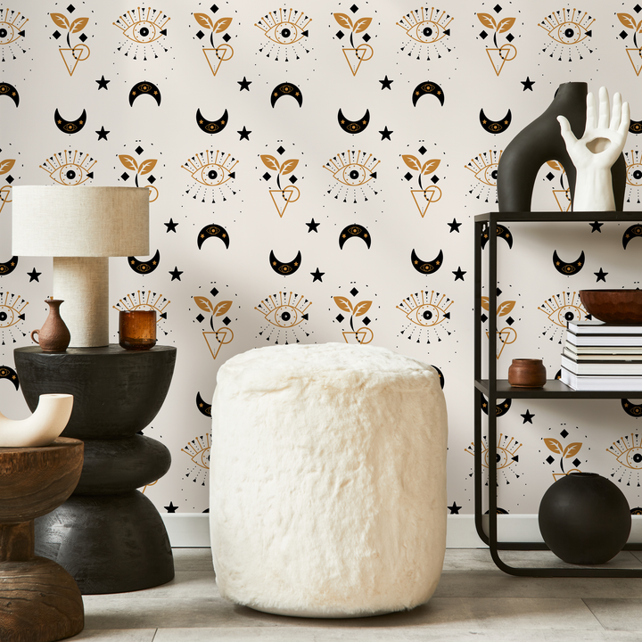Mystical Wallpaper with Celestial Moons and All-Seeing Eyes in Black and Gold - ZAAY