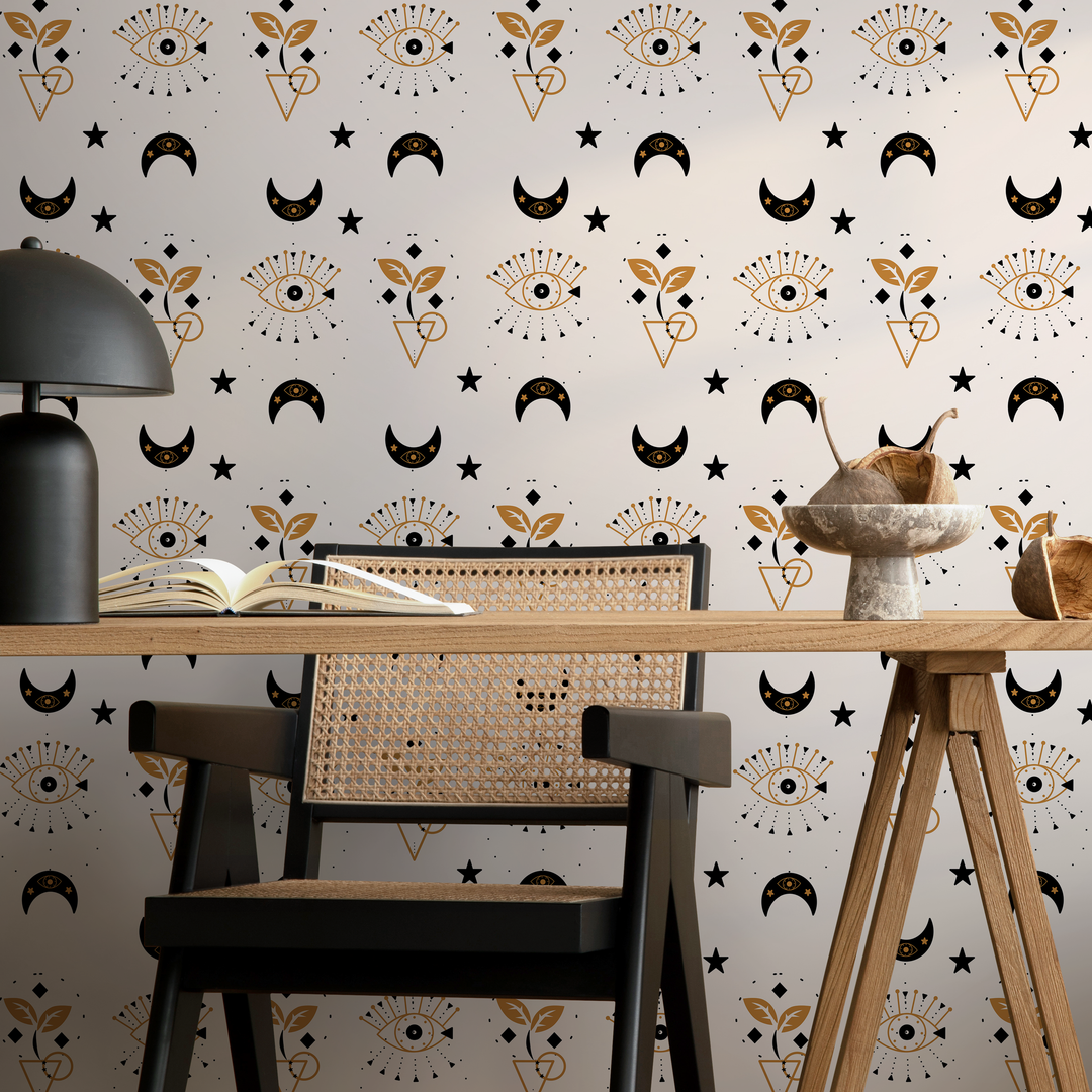 Mystical Wallpaper with Celestial Moons and All-Seeing Eyes in Black and Gold - ZAAY
