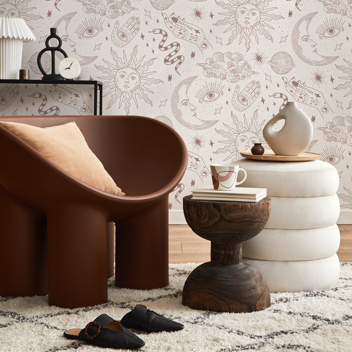 Celestial Wallpaper with Mystical Sun, Moon, and Hand Motifs in Beige and Dusty Rose - ZABL