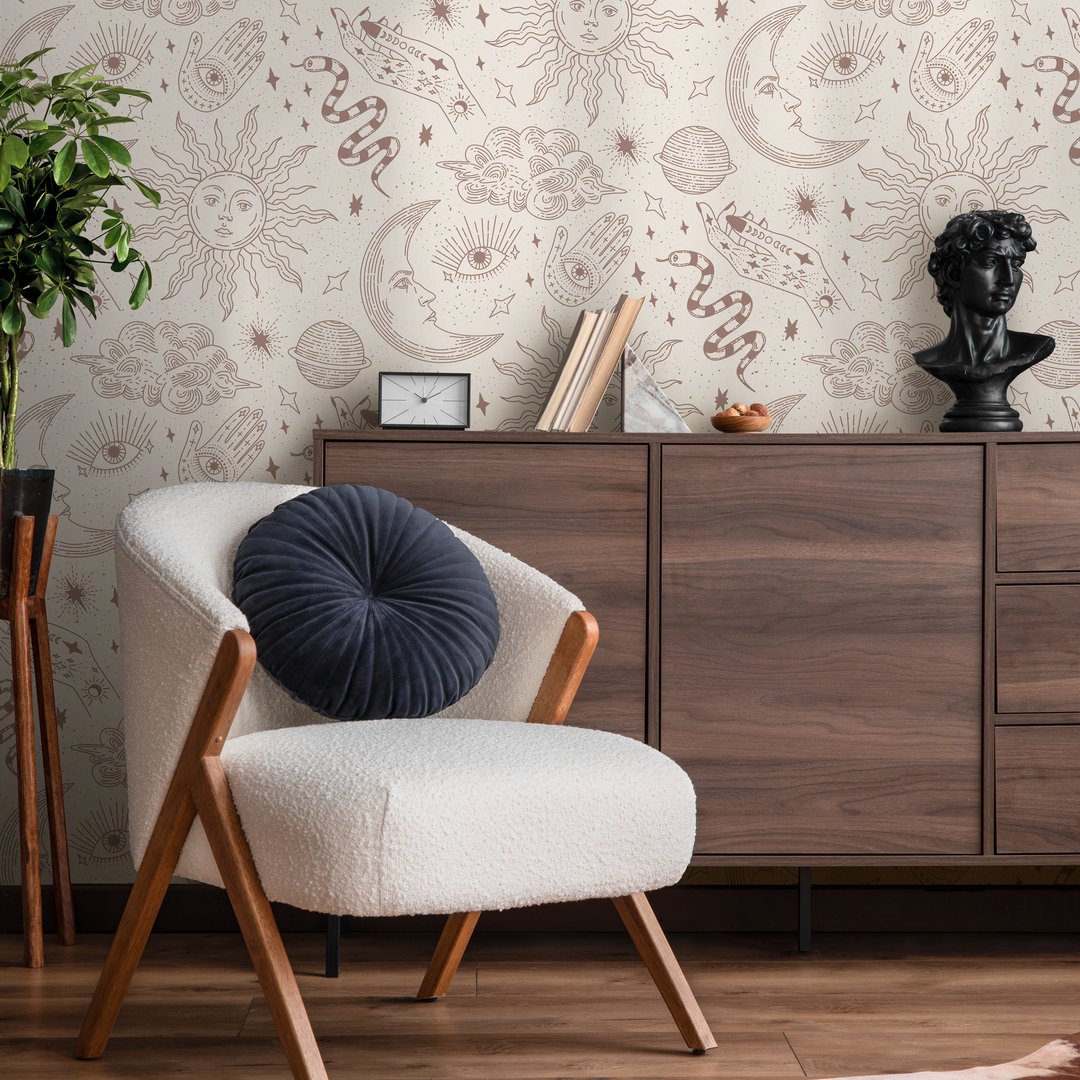 Celestial Wallpaper with Mystical Sun, Moon, and Hand Motifs in Beige and Dusty Rose - ZABL