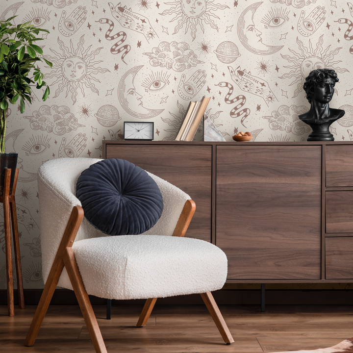 Celestial Wallpaper with Mystical Sun, Moon, and Hand Motifs in Beige and Dusty Rose - ZABL