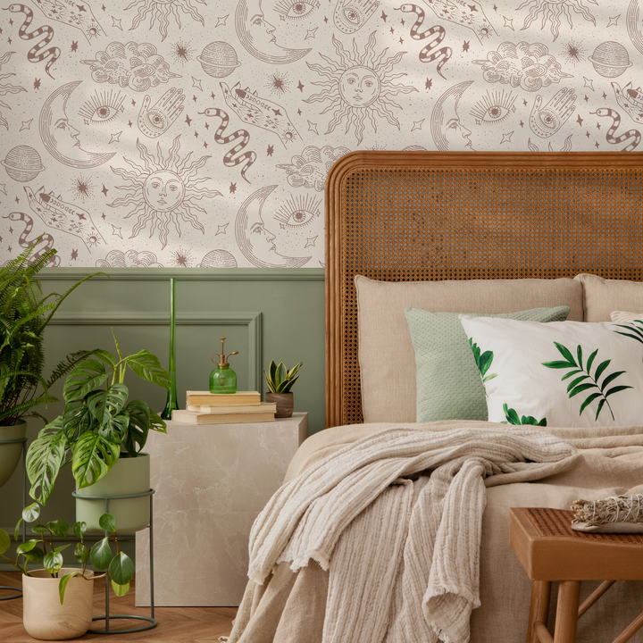 Celestial Wallpaper with Mystical Sun, Moon, and Hand Motifs in Beige and Dusty Rose - ZABL