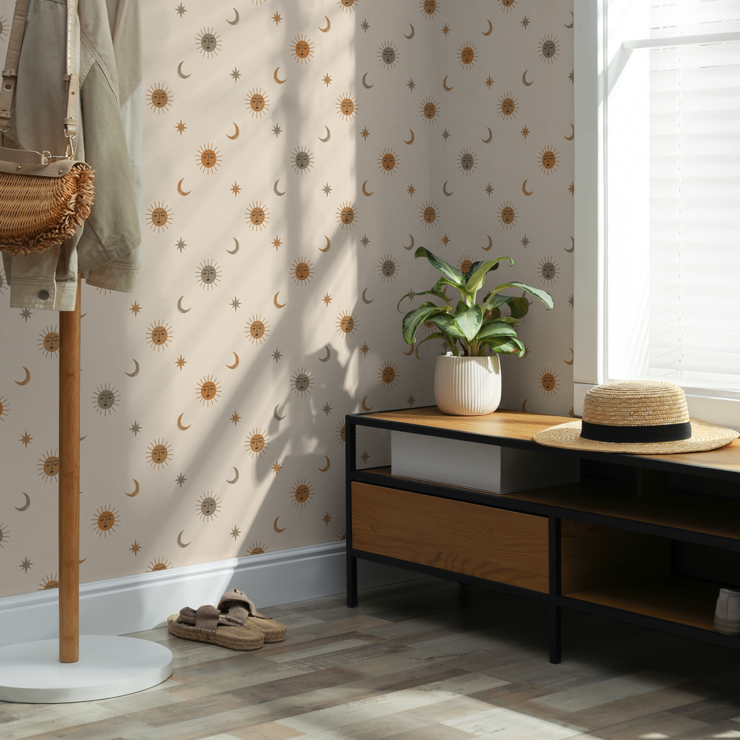 Celestial Wallpaper with Sun, Moon, and Stars in Orange, Brown, and Gray - ZACA