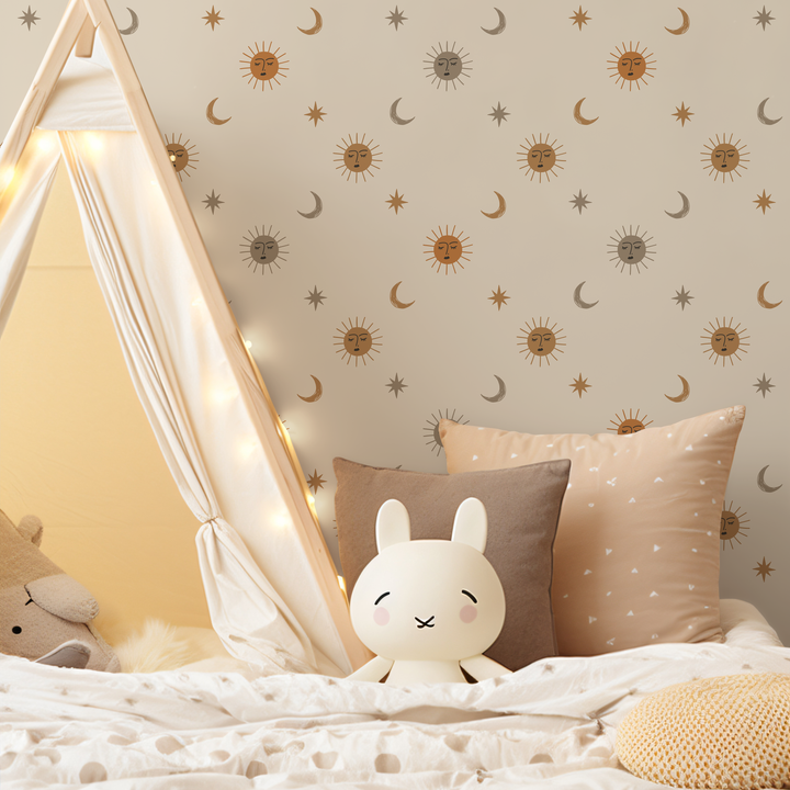 Celestial Wallpaper with Sun, Moon, and Stars in Orange, Brown, and Gray - ZACA