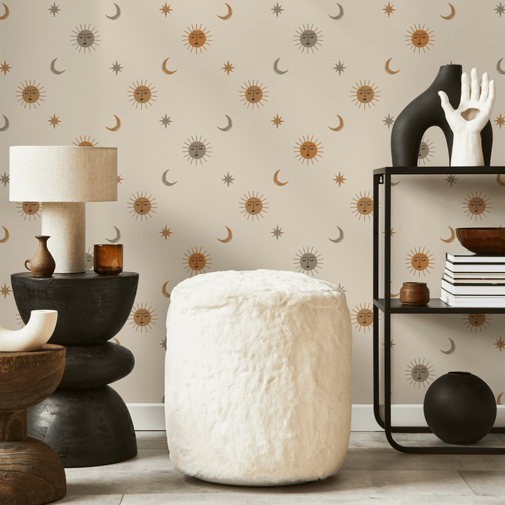 Celestial Wallpaper with Sun, Moon, and Stars in Orange, Brown, and Gray - ZACA