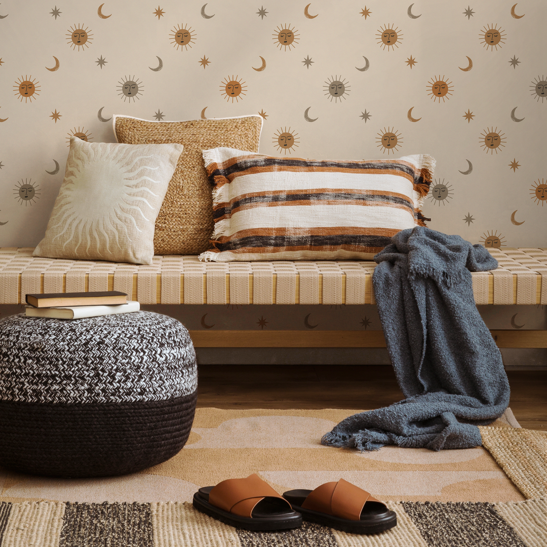 Celestial Wallpaper with Sun, Moon, and Stars in Orange, Brown, and Gray - ZACA