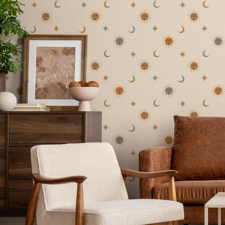 Celestial Wallpaper with Sun, Moon, and Stars in Orange, Brown, and Gray - ZACA