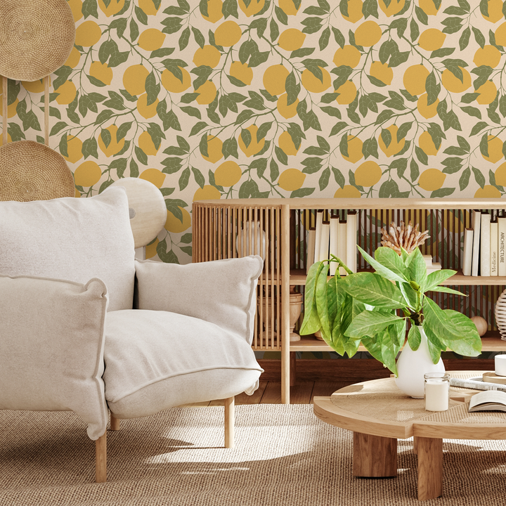 Botanical Wallpaper with a Lemon Motif in Yellow and Green - ZACC