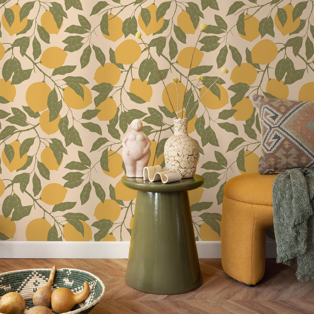 Botanical Wallpaper with a Lemon Motif in Yellow and Green - ZACC