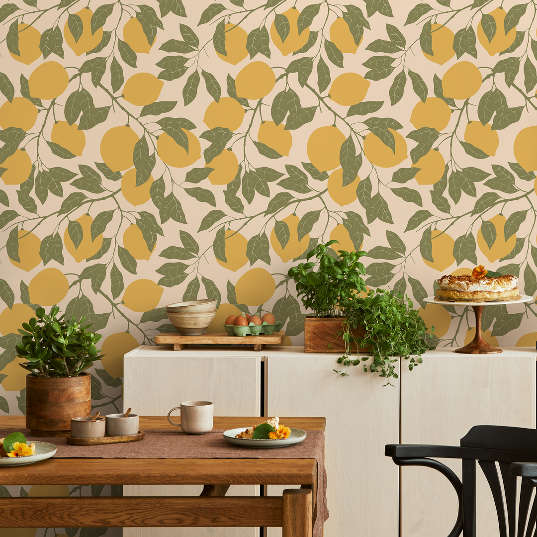 Botanical Wallpaper with a Lemon Motif in Yellow and Green - ZACC