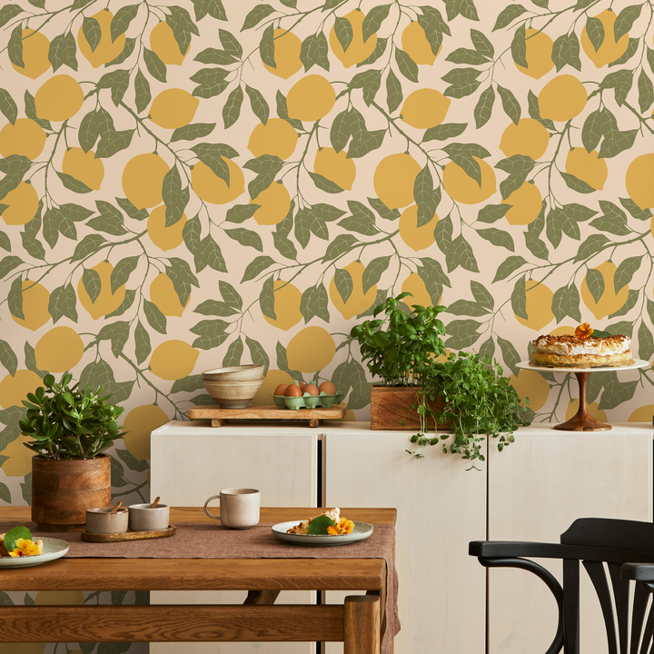 Botanical Wallpaper with a Lemon Motif in Yellow and Green - ZACC