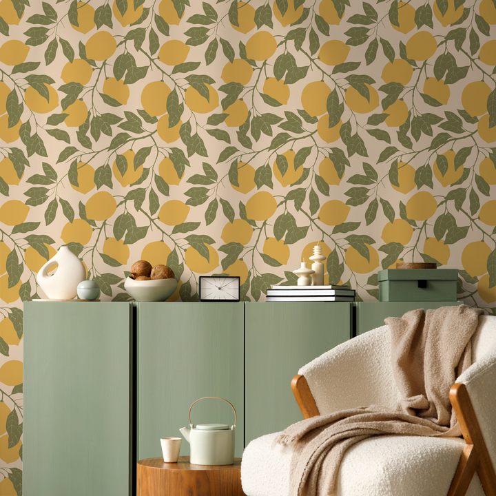 Botanical Wallpaper with a Lemon Motif in Yellow and Green - ZACC