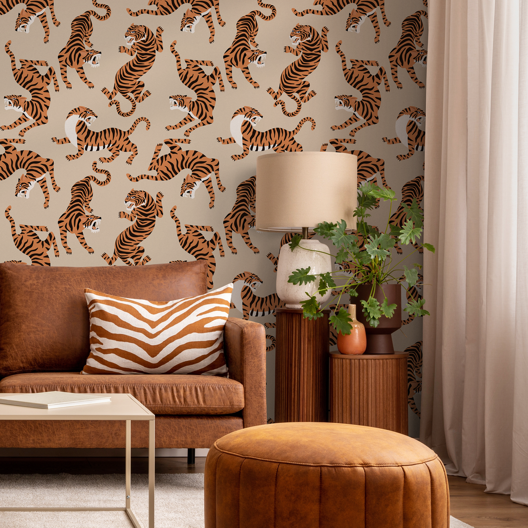 Animal Print Wallpaper Featuring Stylized Tigers in Beige, Orange, and Black - ZACK