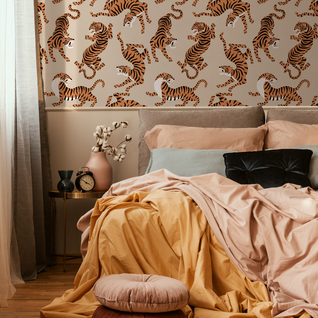 Animal Print Wallpaper Featuring Stylized Tigers in Beige, Orange, and Black - ZACK