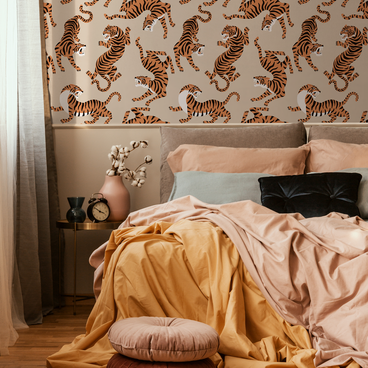 Animal Print Wallpaper Featuring Stylized Tigers in Beige, Orange, and Black - ZACK