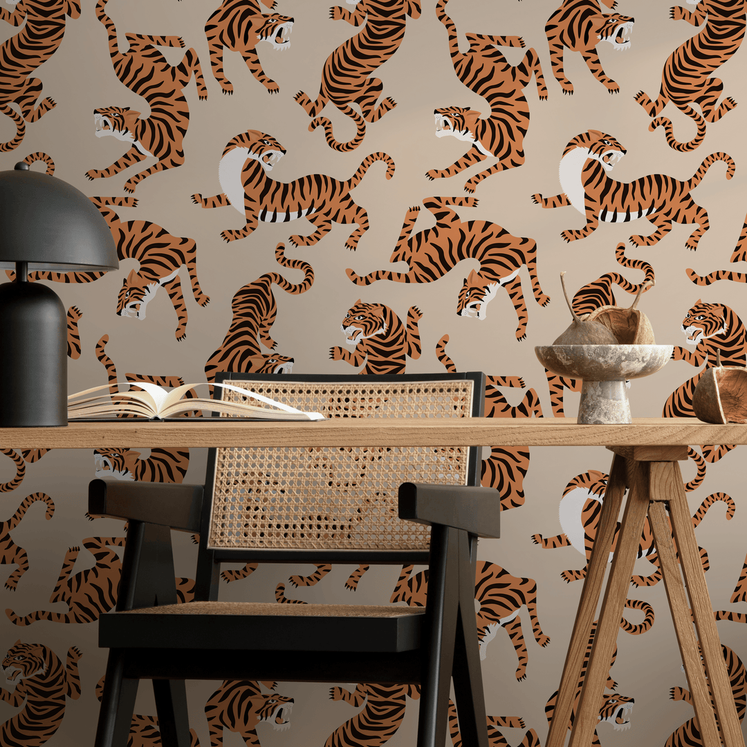 Animal Print Wallpaper Featuring Stylized Tigers in Beige, Orange, and Black - ZACK