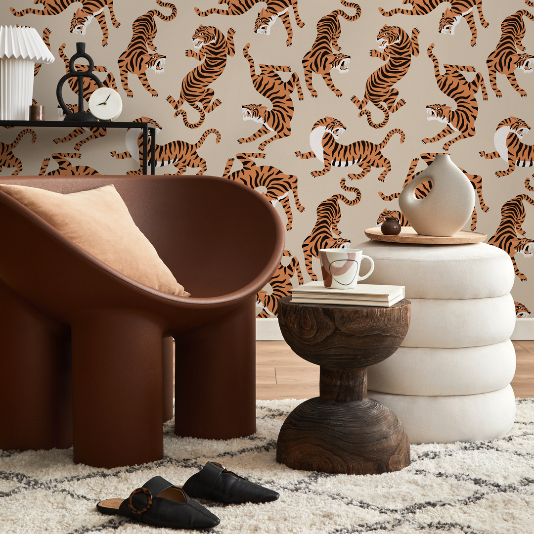 Animal Print Wallpaper Featuring Stylized Tigers in Beige, Orange, and Black - ZACK