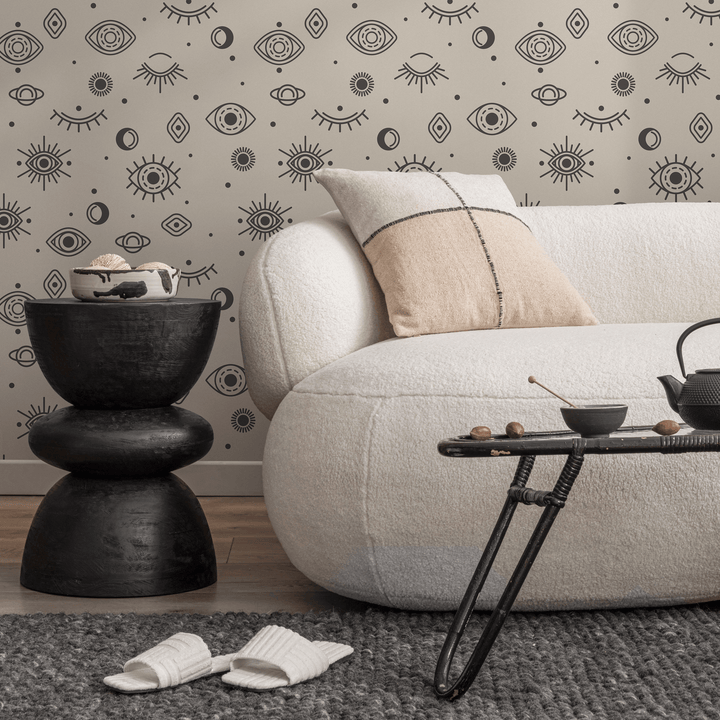 Celestial Wallpaper with Mystical Eye and Moon Motifs in Charcoal and Beige - ZACQ