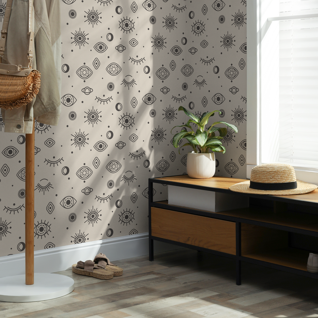 Celestial Wallpaper with Mystical Eye and Moon Motifs in Charcoal and Beige - ZACQ