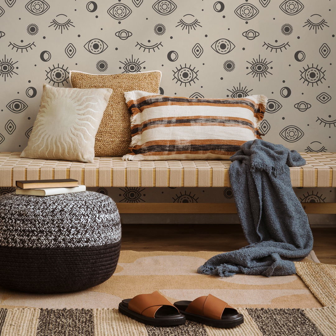Celestial Wallpaper with Mystical Eye and Moon Motifs in Charcoal and Beige - ZACQ