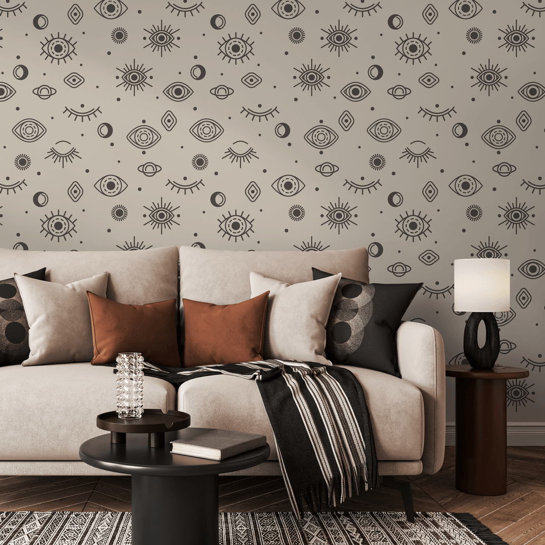 Celestial Wallpaper with Mystical Eye and Moon Motifs in Charcoal and Beige - ZACQ