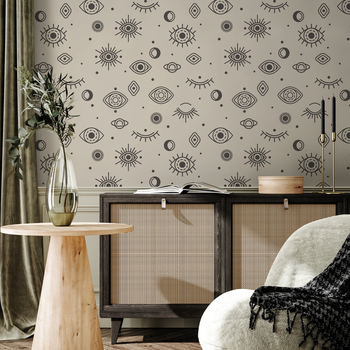 Celestial Wallpaper with Mystical Eye and Moon Motifs in Charcoal and Beige - ZACQ