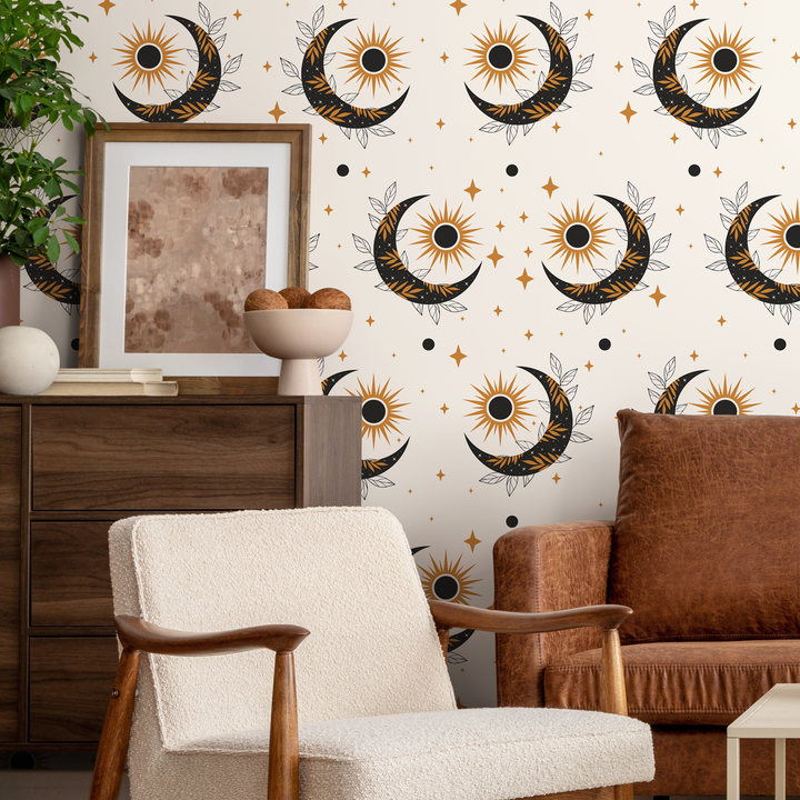 Celestial Wallpaper with Mystical Sun and Moon Motifs in Black and Gold - ZACS