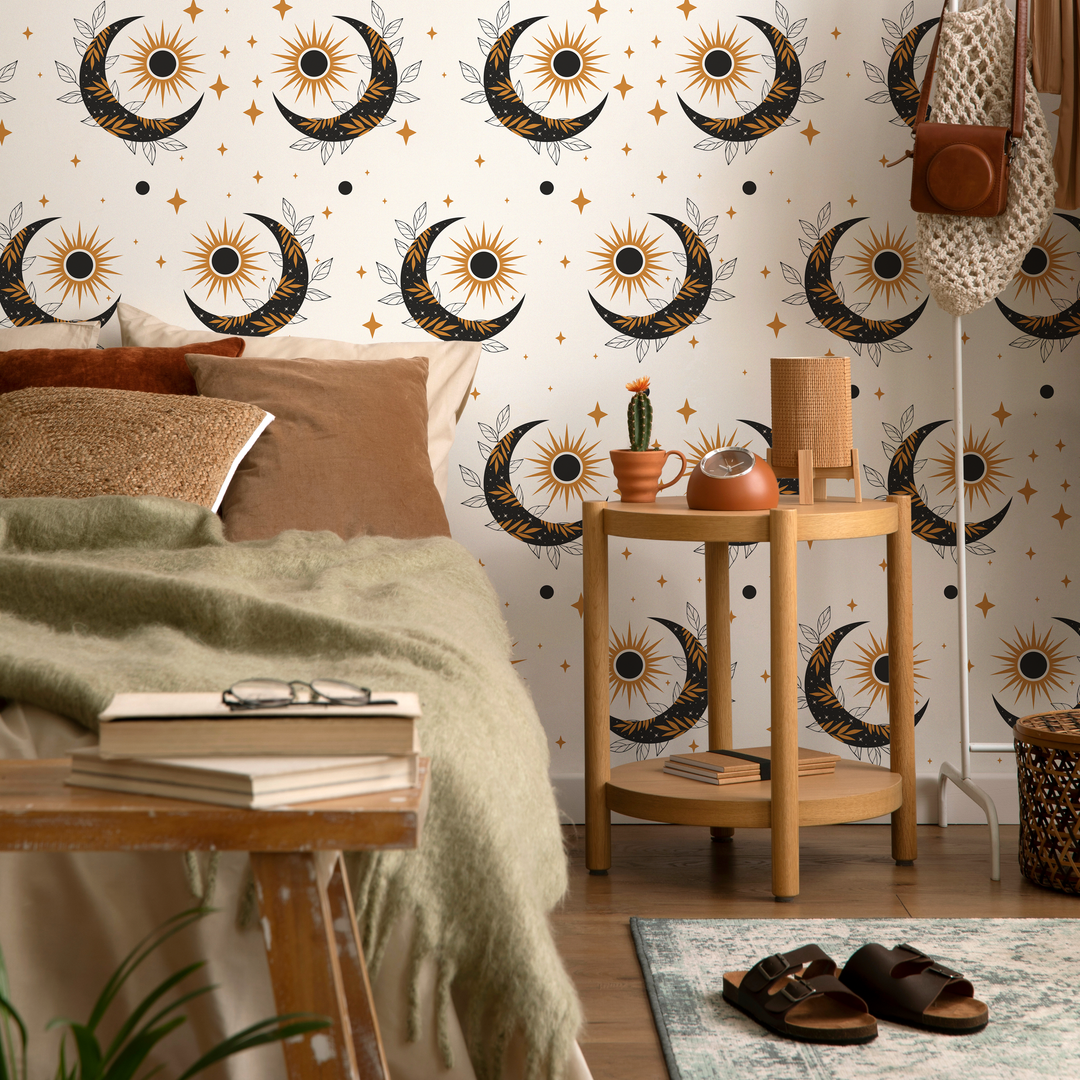 Celestial Wallpaper with Mystical Sun and Moon Motifs in Black and Gold - ZACS