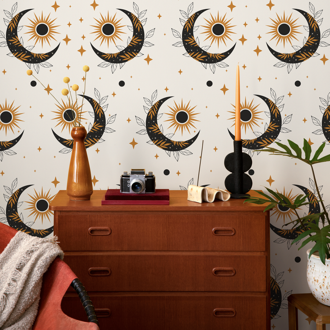 Celestial Wallpaper with Mystical Sun and Moon Motifs in Black and Gold - ZACS