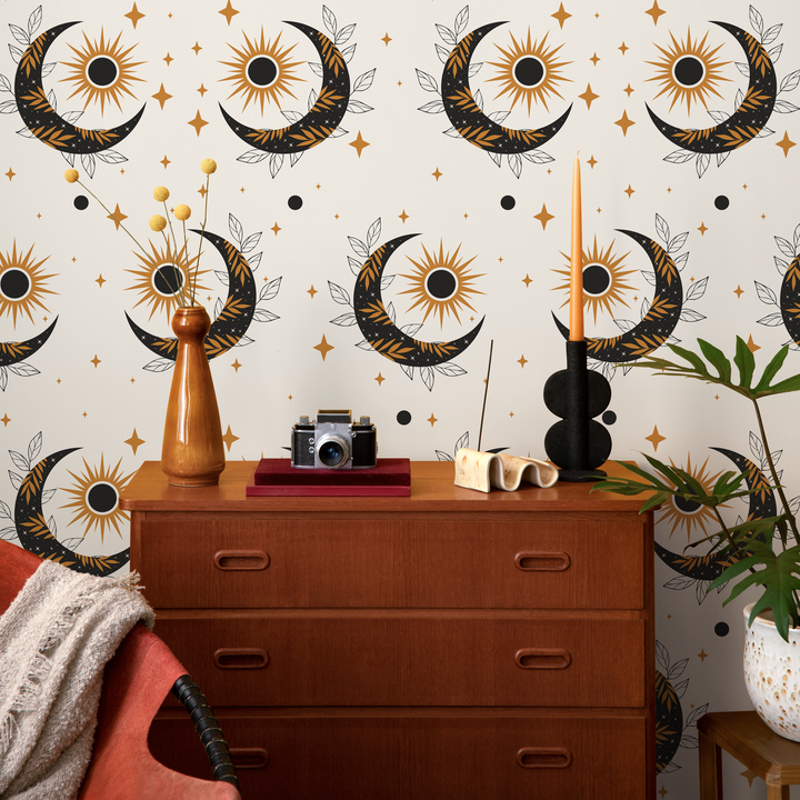 Celestial Wallpaper with Mystical Sun and Moon Motifs in Black and Gold - ZACS