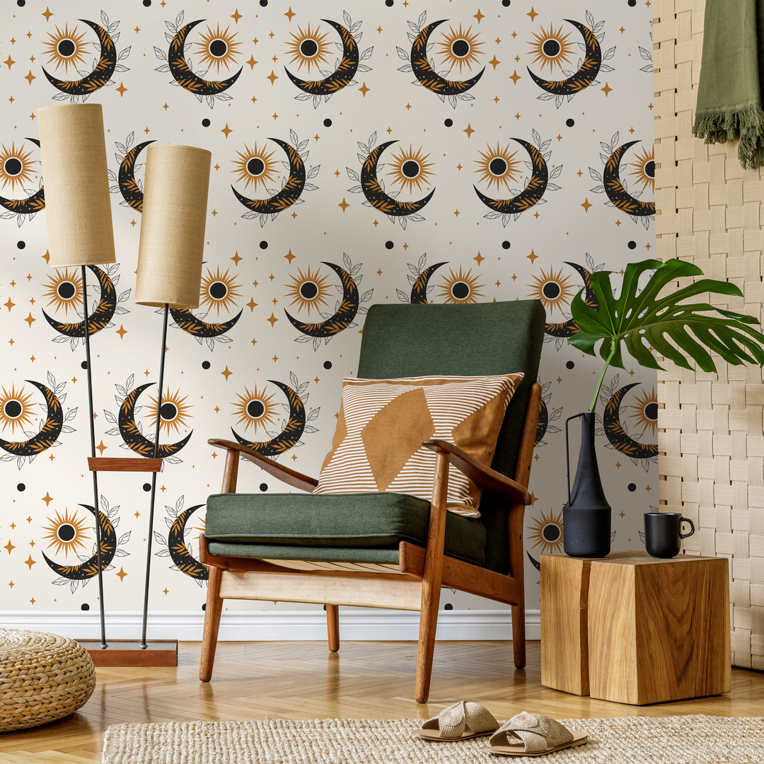 Celestial Wallpaper with Mystical Sun and Moon Motifs in Black and Gold - ZACS