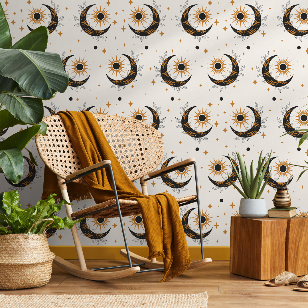Celestial Wallpaper with Mystical Sun and Moon Motifs in Black and Gold - ZACS