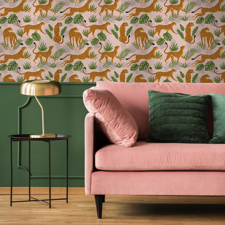 Animal Wallpaper with Cheetahs and Tropical Leaves in Pink, Green, and Orange - ZADR
